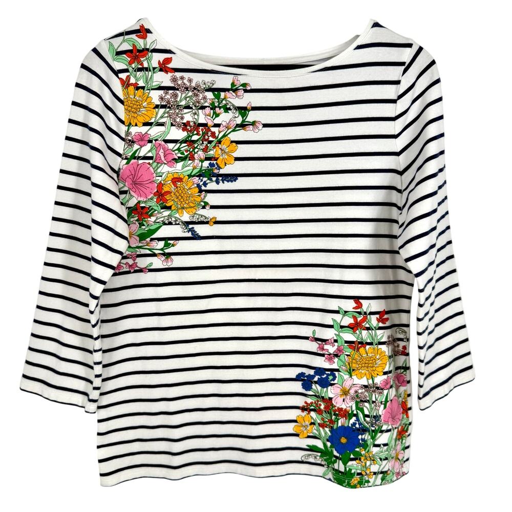The TALBOTS Tee Medium Artsy Floral Spring Summer 3/4 Sleeve Cotton Shirt Top